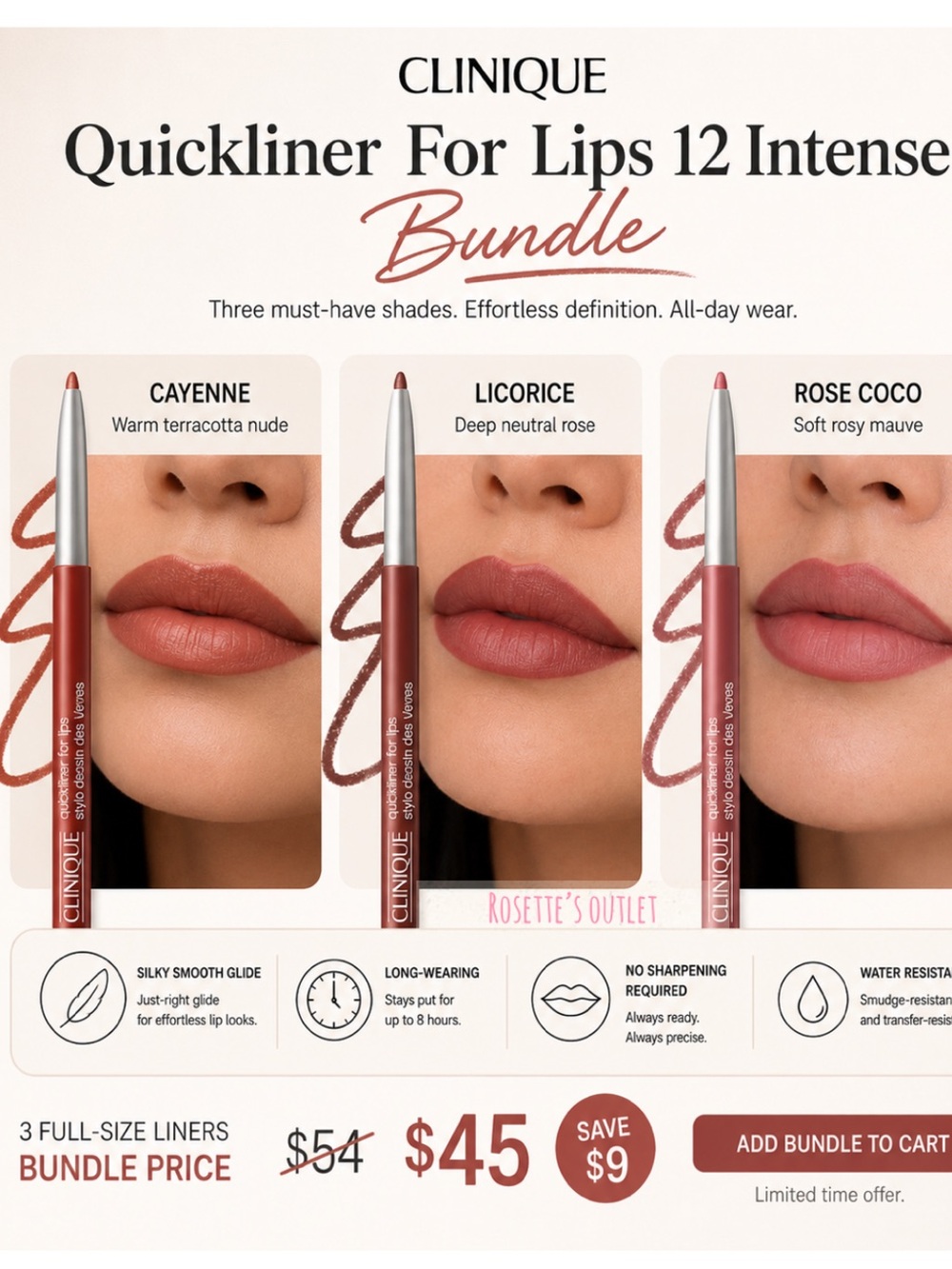 Clinique Quickliner For Lips 12 Intense Bundle — Cayenne, Licorice & Rose Coco